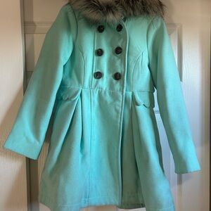 Cat & Jack Turquoise Pea Coat with Faux Fur Collar